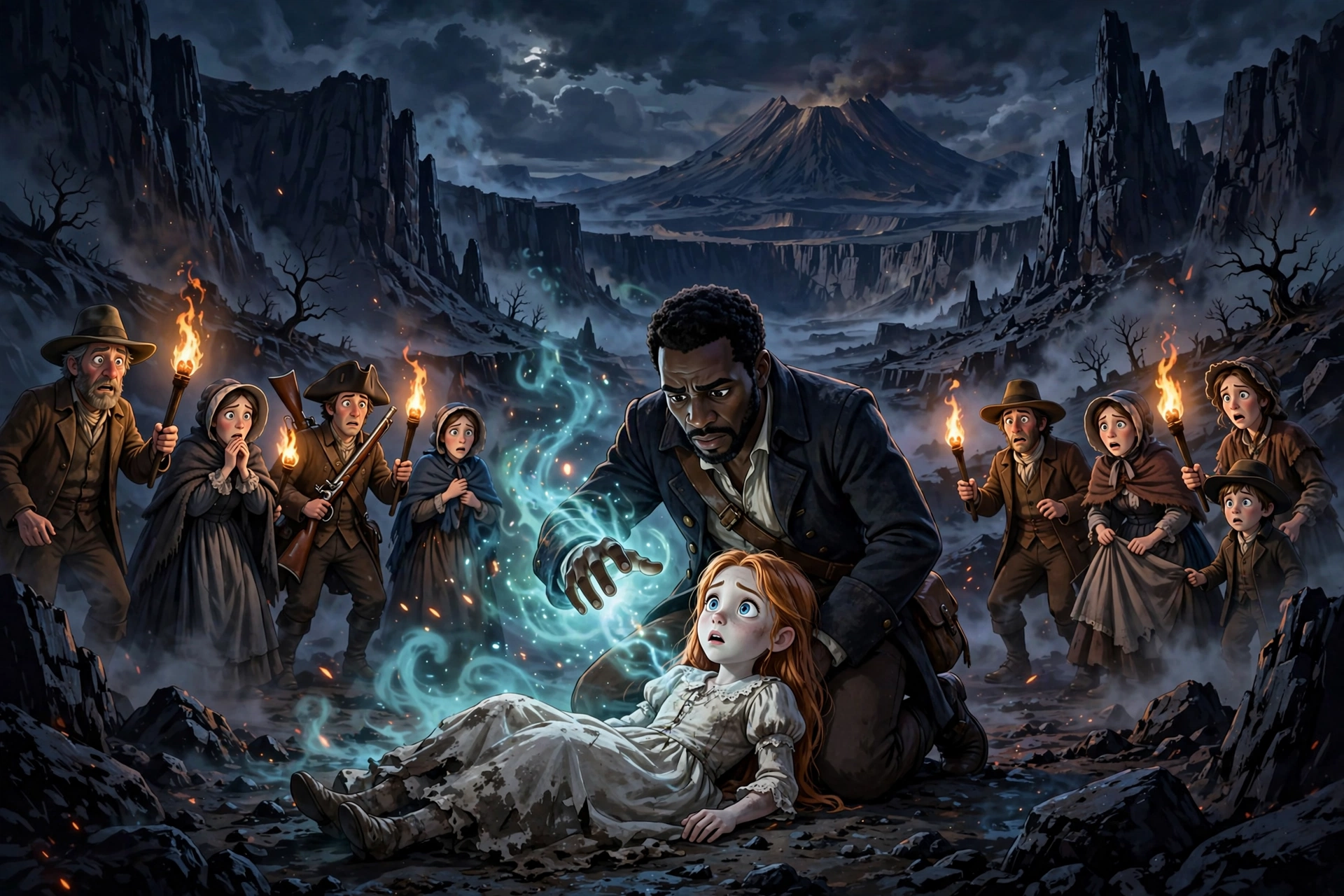 Kwame kneeling over Ruth as she opens her eyes, torch-bearing settlers circled around them before the dead volcano valley