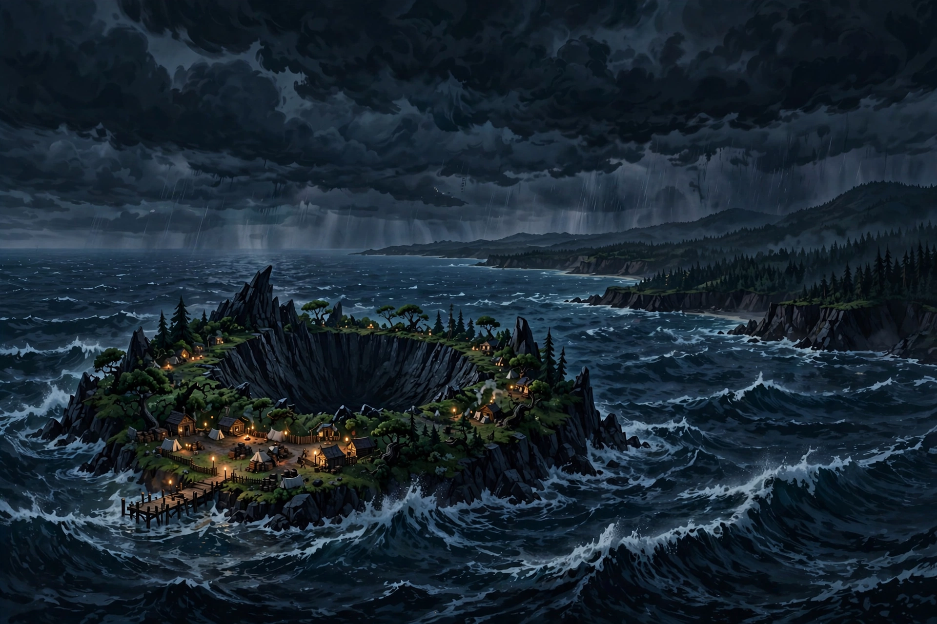 The island at night: a cold, dark dead-valley crater under a starless sky