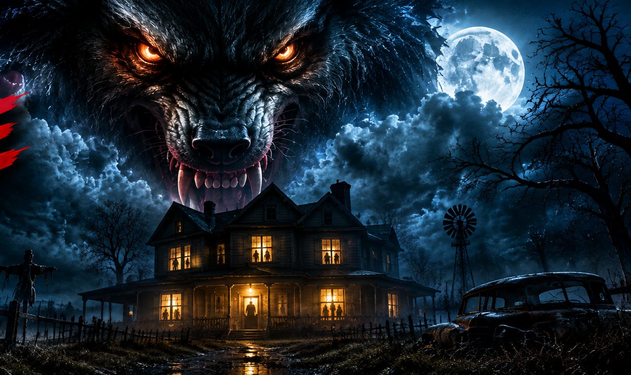 Giant snarling wolf head over a moonlit farmhouse, the old JR Doghouse footer
