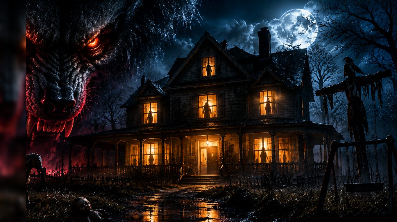 Snarling wolf head with glowing red eyes looming over a haunted house at night, the old JR Doghouse header