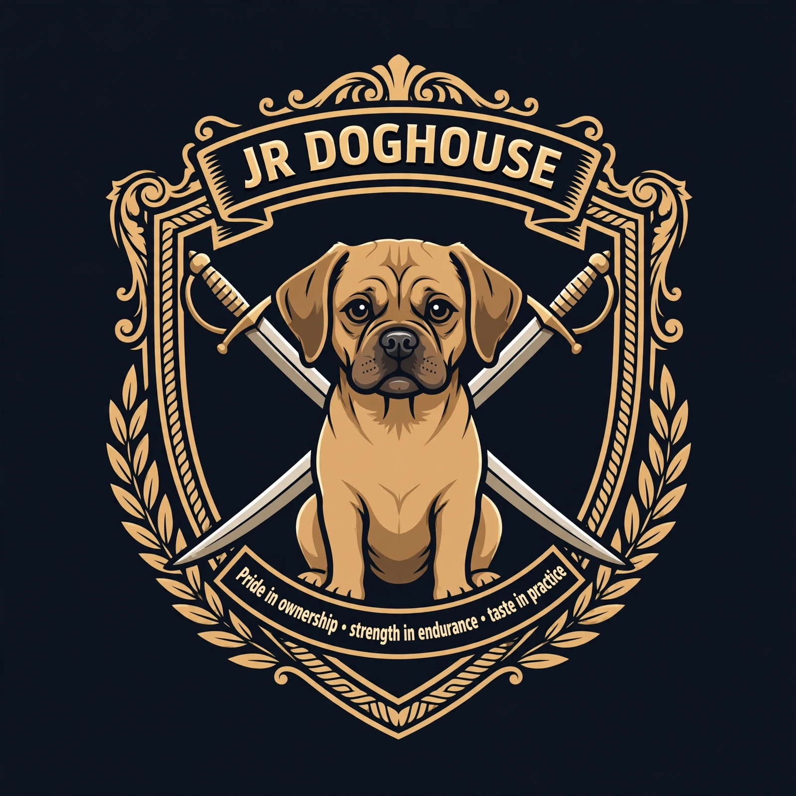 JR Doghouse crest: the puggle with crossed swords